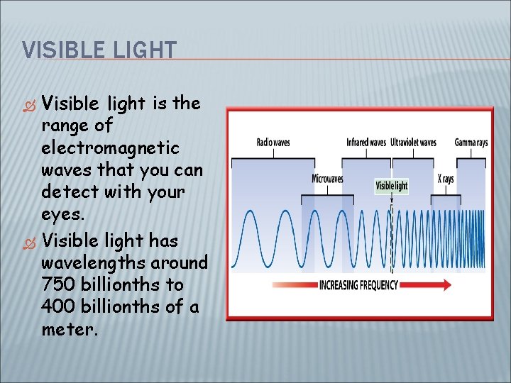 VISIBLE LIGHT Visible light is the range of electromagnetic waves that you can detect