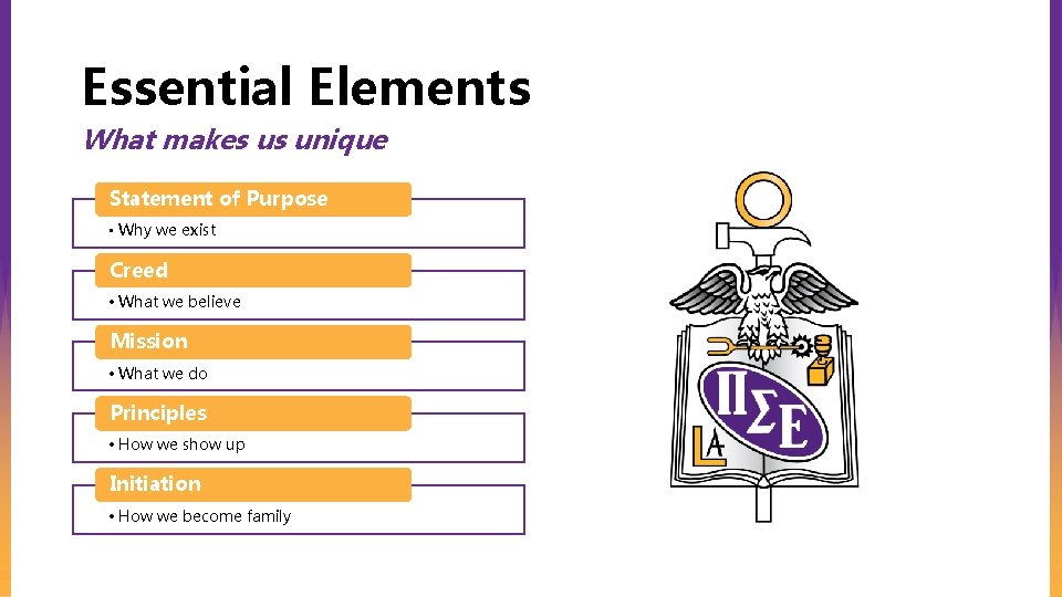 Essential Elements What makes us unique Statement of Purpose • Why we exist Creed