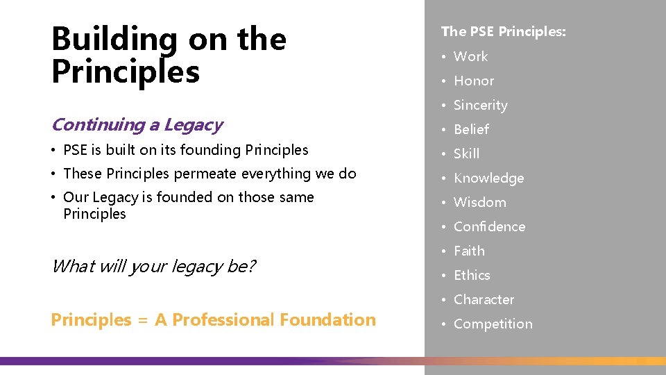 Building on the Principles Continuing a Legacy The PSE Principles: • Work • Honor