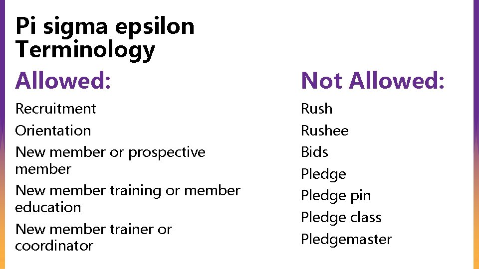 Pi sigma epsilon Terminology Allowed: Not Allowed: Recruitment Rush Orientation Rushee New member or