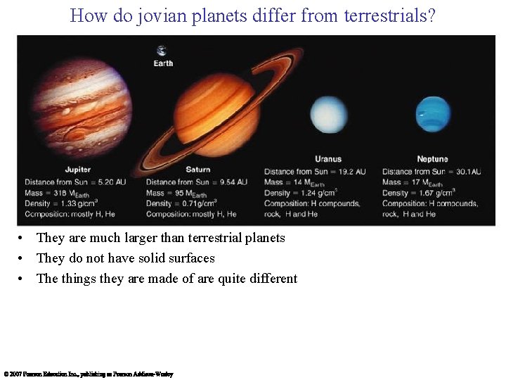 How do jovian planets differ from terrestrials? • They are much larger than terrestrial