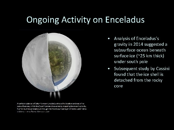 Ongoing Activity on Enceladus • Analysis of Enceladus’s gravity in 2014 suggested a subsurface