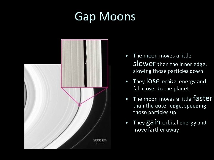 Gap Moons • The moon moves a little slower than the inner edge, slowing