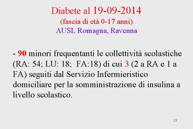 Diabete al 19 -09 -2014 (fascia di età 0 -17 anni) AUSL Romagna, Ravenna