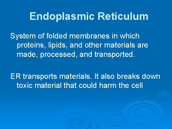 Endoplasmic Reticulum System of folded membranes in which proteins, lipids, and other materials are