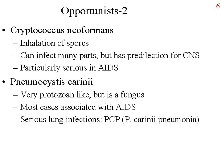 Opportunists-2 • Cryptococcus neoformans – Inhalation of spores – Can infect many parts, but