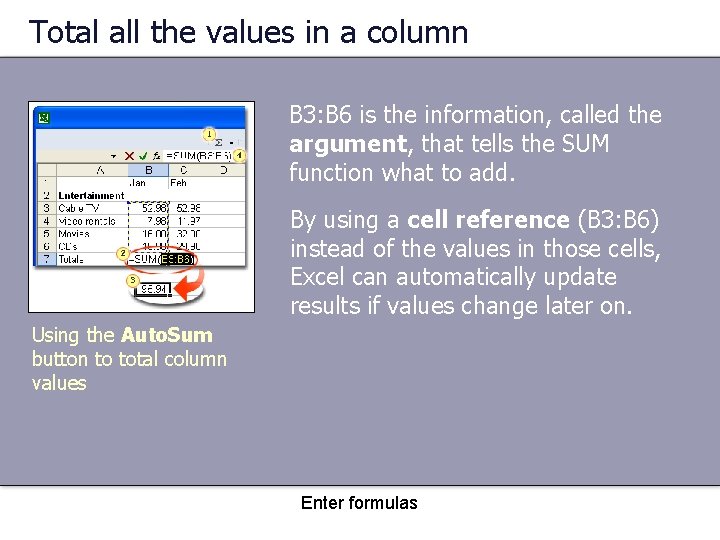 Total all the values in a column B 3: B 6 is the information,