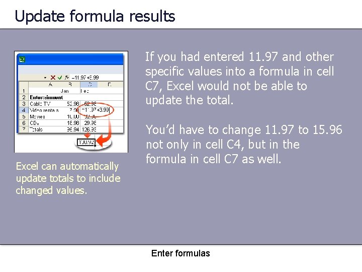 Update formula results If you had entered 11. 97 and other specific values into