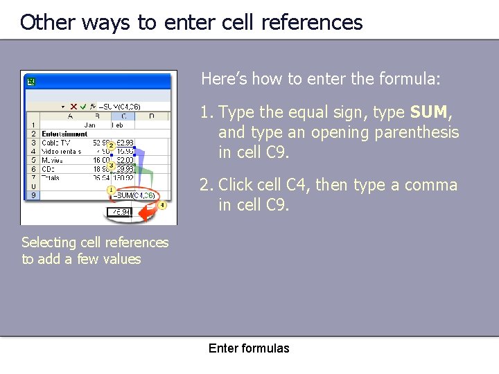 Other ways to enter cell references Here’s how to enter the formula: 1. Type