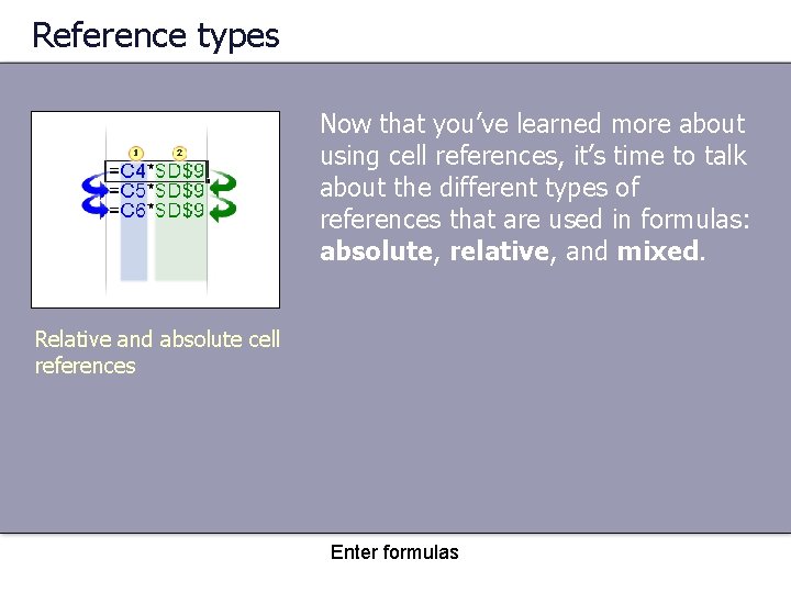 Reference types Now that you’ve learned more about using cell references, it’s time to