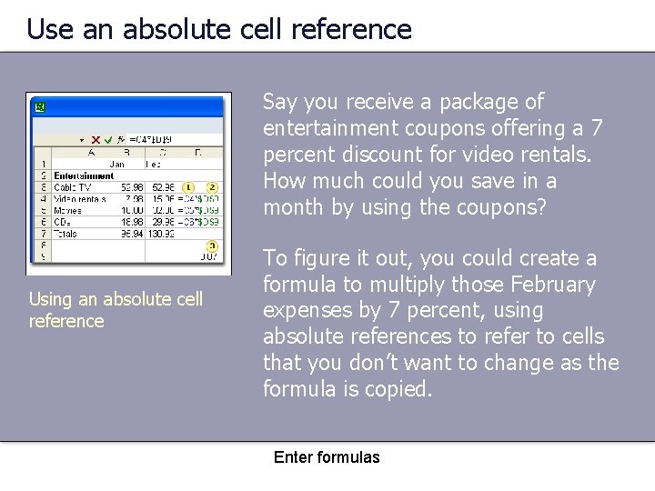 Use an absolute cell reference Say you receive a package of entertainment coupons offering