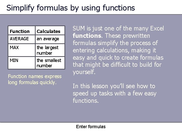 Simplify formulas by using functions Function Calculates AVERAGE an average MAX the largest number