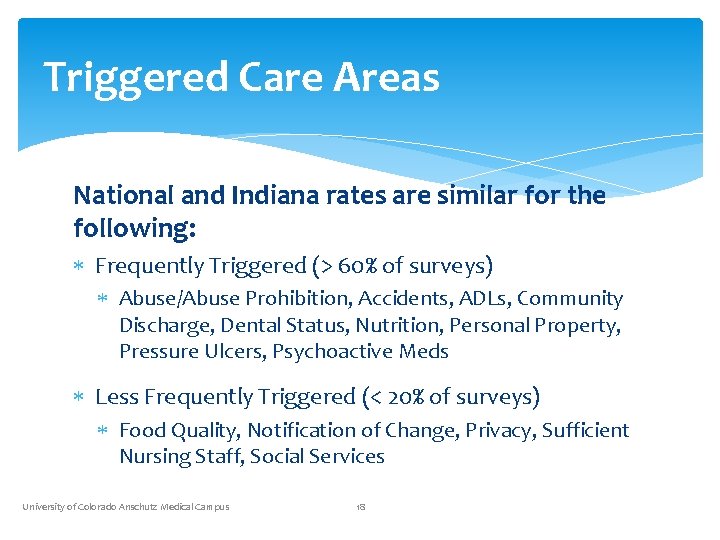 Triggered Care Areas National and Indiana rates are similar for the following: Frequently Triggered