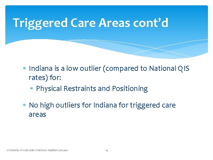 Triggered Care Areas cont’d Indiana is a low outlier (compared to National QIS rates)