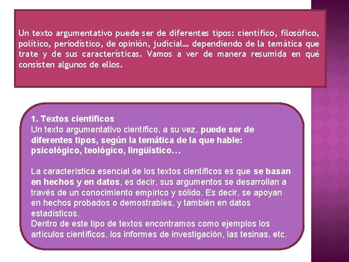 Un texto argumentativo puede ser de diferentes tipos: científico, filosófico, político, periodístico, de opinión,