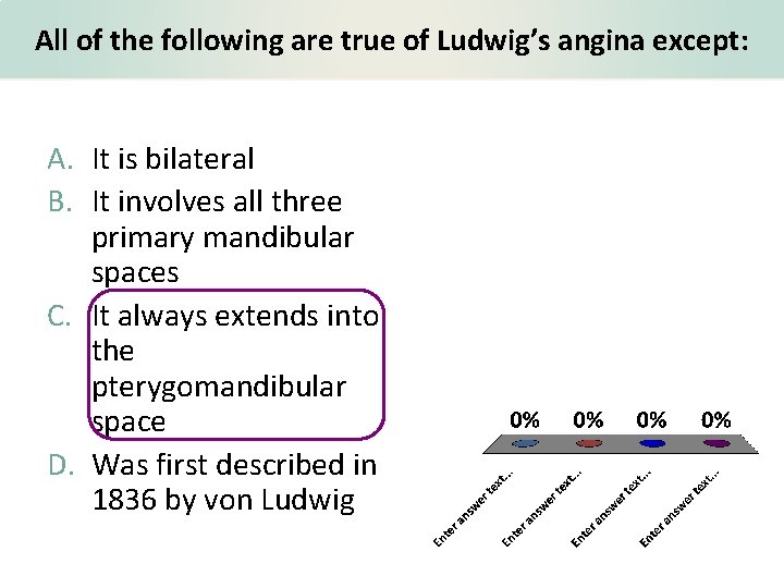 All of the following are true of Ludwig’s angina except: A. It is bilateral