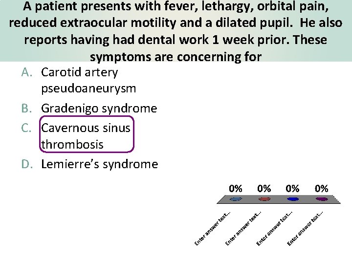 A patient presents with fever, lethargy, orbital pain, reduced extraocular motility and a dilated