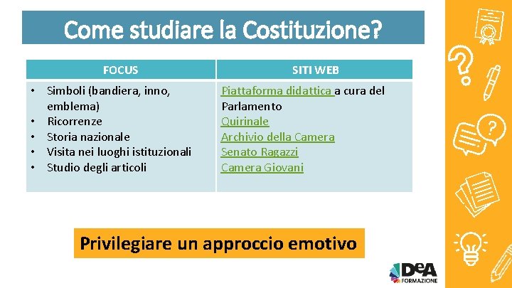 Come studiare la Costituzione? FOCUS • Simboli (bandiera, inno, emblema) • Ricorrenze • Storia