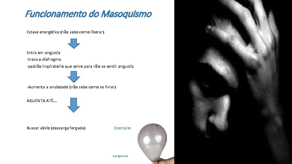 Funcionamento do Masoquismo Estase energética (não sabe como liberar) Entra em angústia -trava o