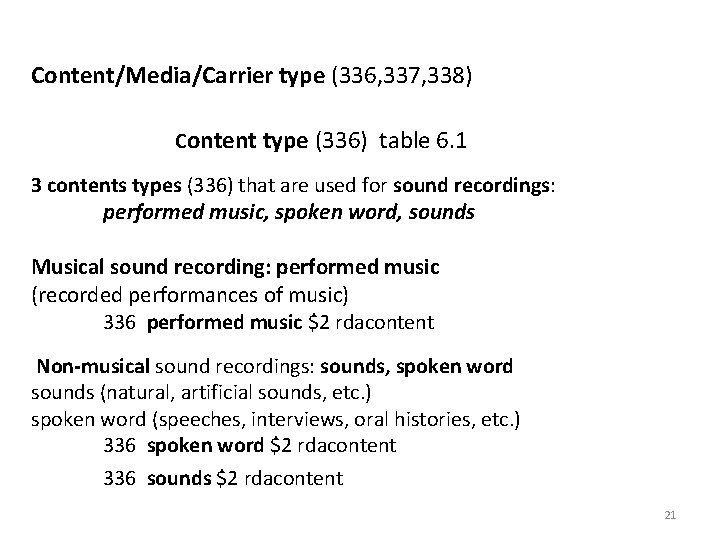 Content/Media/Carrier type (336, 337, 338) Content type (336) table 6. 1 3 contents types