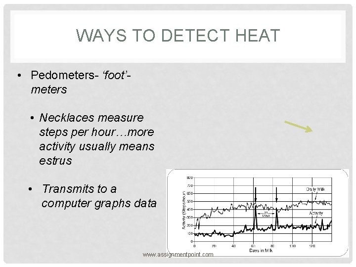 WAYS TO DETECT HEAT • Pedometers- ‘foot’meters • Necklaces measure steps per hour…more activity