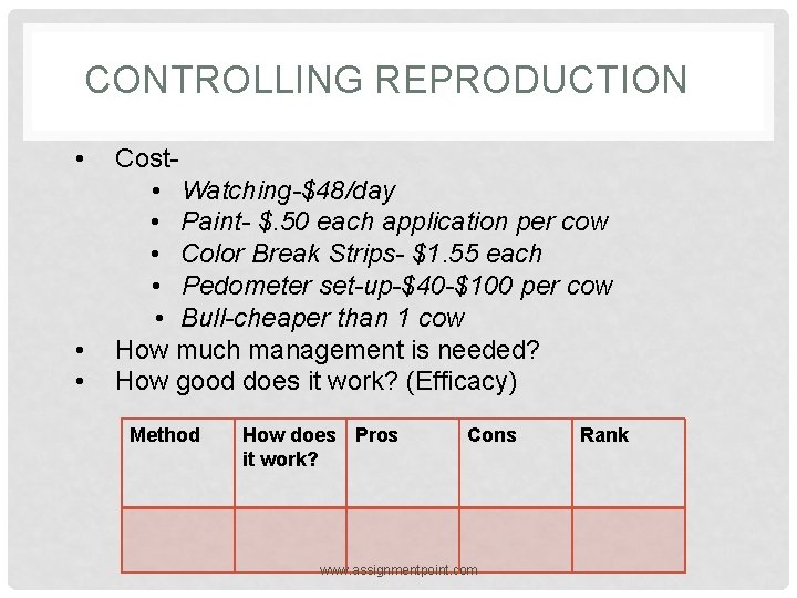 CONTROLLING REPRODUCTION • • • Cost • Watching-$48/day • Paint- $. 50 each application