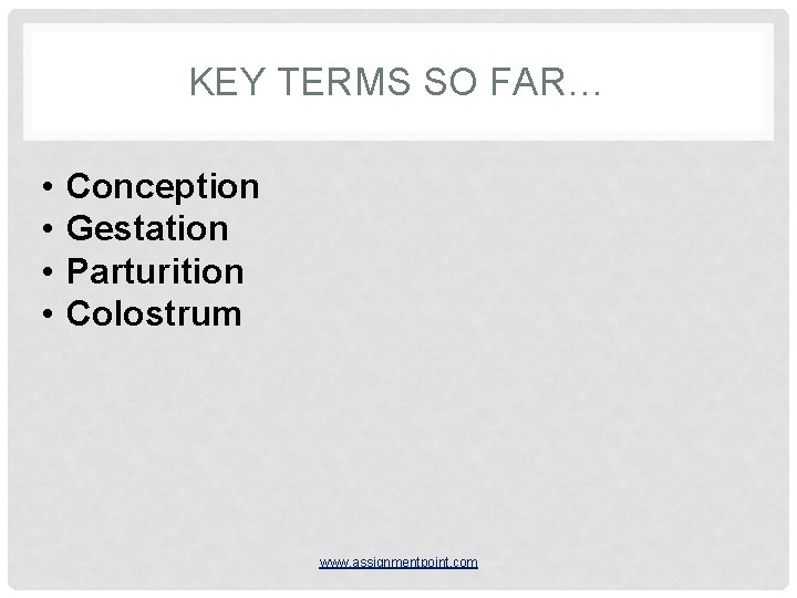 KEY TERMS SO FAR… • • Conception Gestation Parturition Colostrum www. assignmentpoint. com 