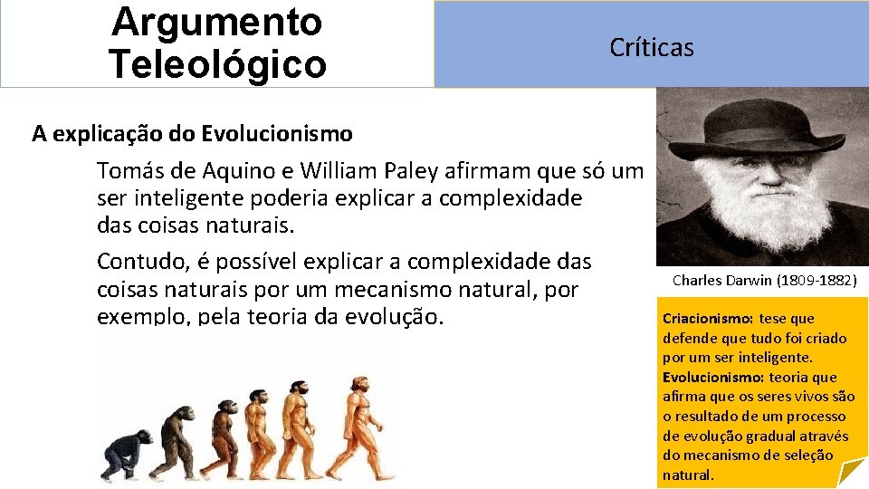 Argumento Teleológico Críticas A explicação do Evolucionismo Tomás de Aquino e William Paley afirmam