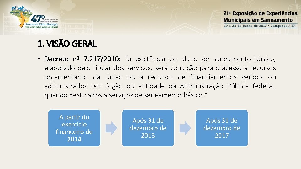 1. VISÃO GERAL • Decreto nº 7. 217/2010: “a existência de plano de saneamento