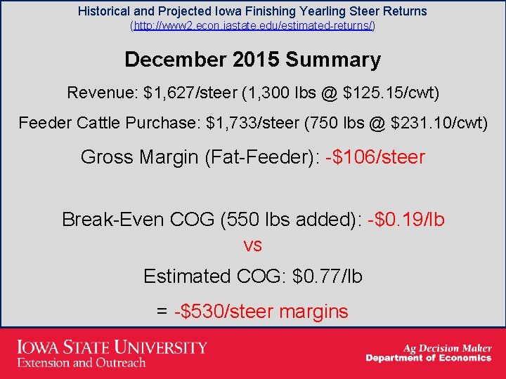 Historical and Projected Iowa Finishing Yearling Steer Returns (http: //www 2. econ. iastate. edu/estimated-returns/)