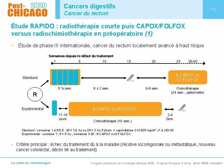 Cancers digestifs 112 Cancer du rectum Étude RAPIDO : radiothérapie courte puis CAPOX/FOLFOX versus