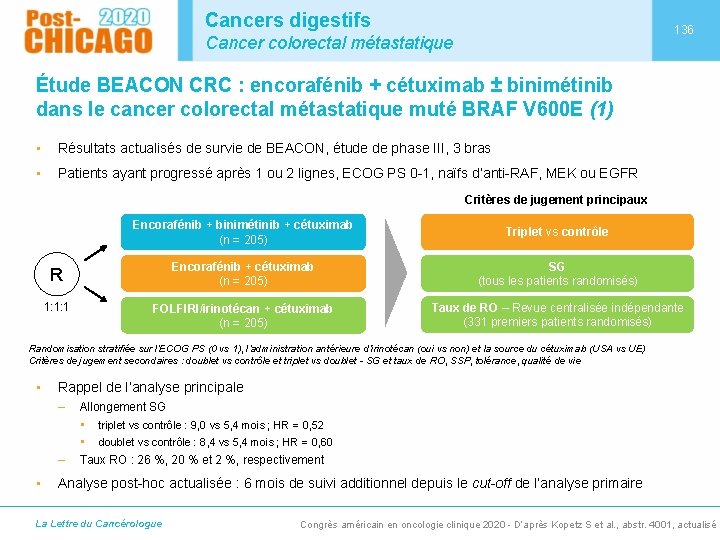 Cancers digestifs 136 Cancer colorectal métastatique Étude BEACON CRC : encorafénib + cétuximab ±