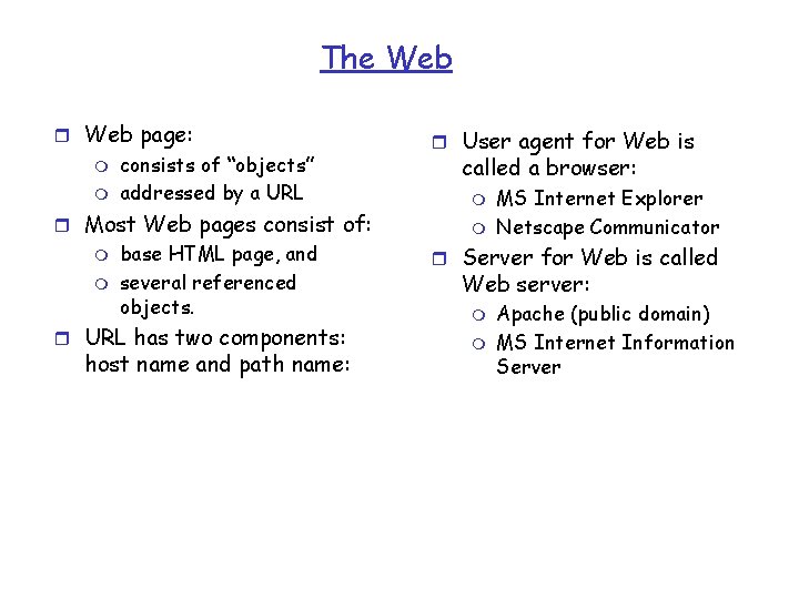The Web r Web page: m m consists of “objects” addressed by a URL