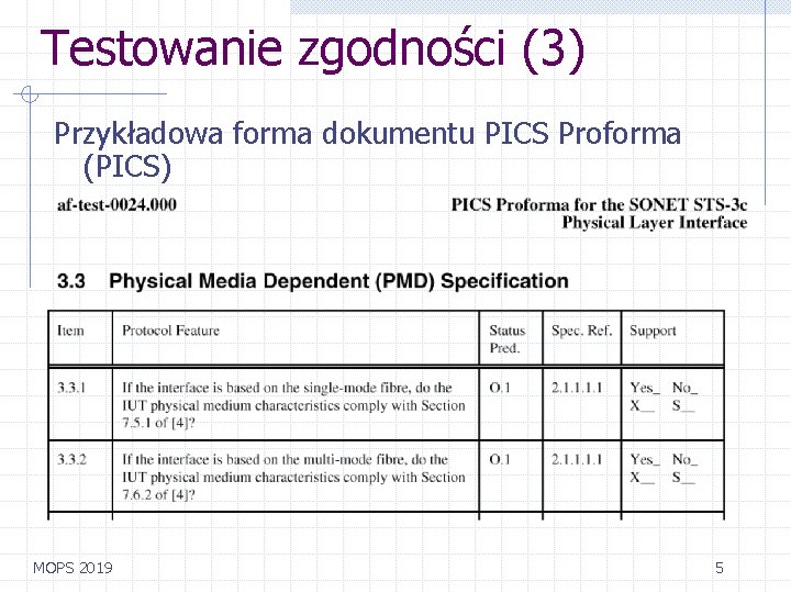 Testowanie zgodności (3) Przykładowa forma dokumentu PICS Proforma (PICS) MOPS 2019 5 