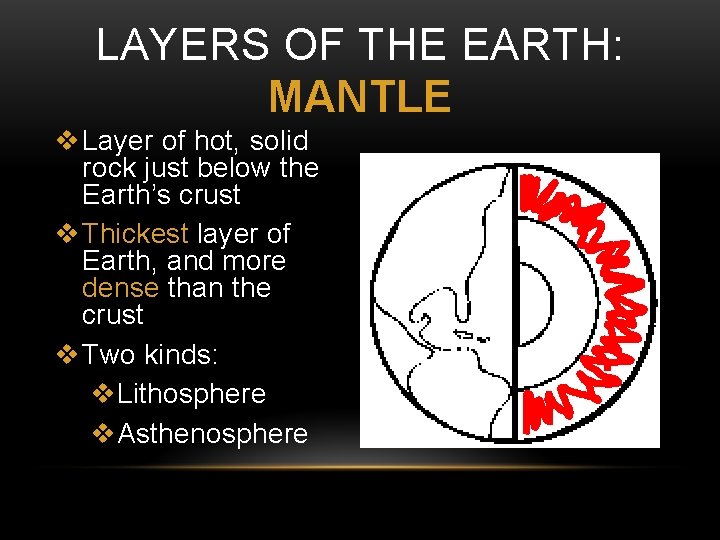 LAYERS OF THE EARTH: MANTLE v Layer of hot, solid rock just below the