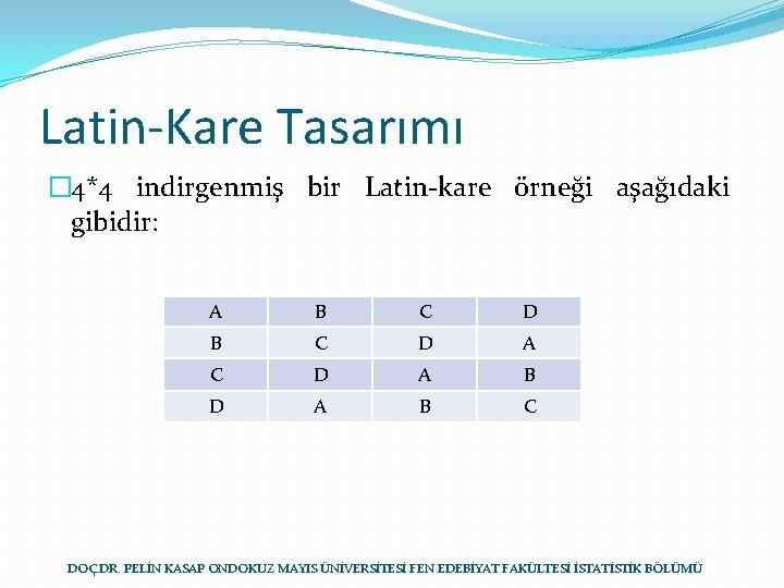 Latin-Kare Tasarımı � 4*4 indirgenmiş bir Latin-kare örneği aşağıdaki gibidir: A B C D