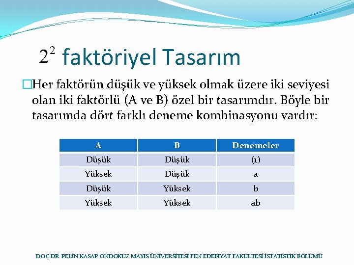 faktöriyel Tasarım �Her faktörün düşük ve yüksek olmak üzere iki seviyesi olan iki faktörlü