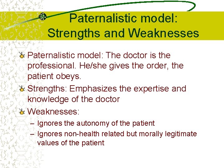 Paternalistic model: Strengths and Weaknesses Paternalistic model: The doctor is the professional. He/she gives