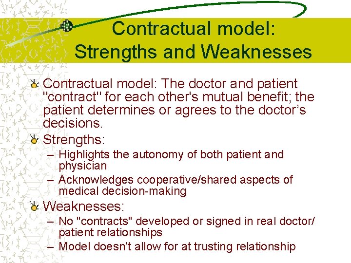 Contractual model: Strengths and Weaknesses Contractual model: The doctor and patient "contract" for each