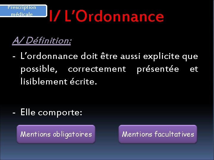 Prescription médicale I/ L’Ordonnance A/ Définition: - L’ordonnance doit être aussi explicite que possible,