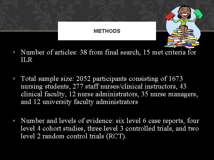 METHODS • Number of articles: 38 from final search, 15 met criteria for ILR