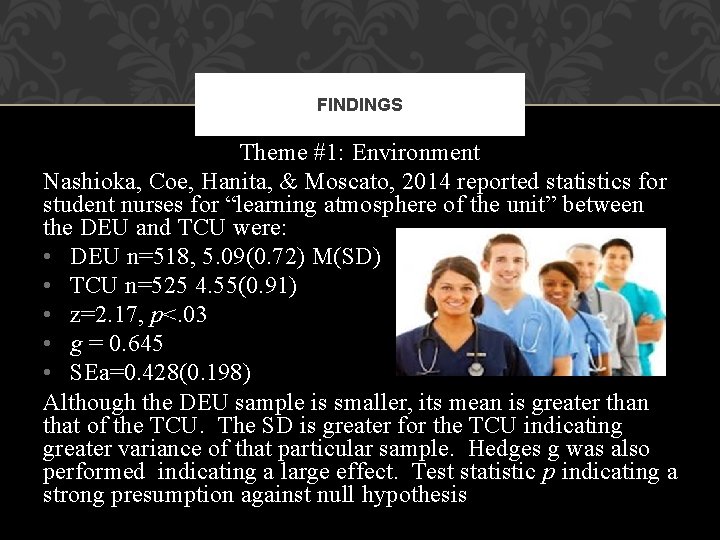 FINDINGS Theme #1: Environment Nashioka, Coe, Hanita, & Moscato, 2014 reported statistics for student