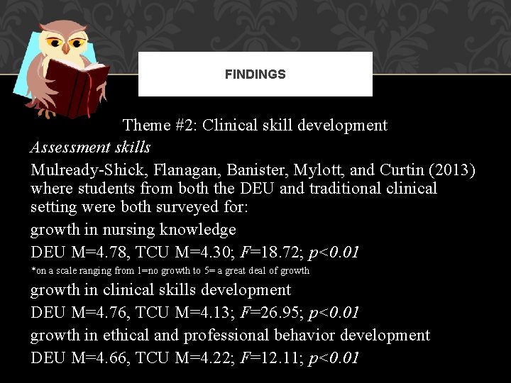 FINDINGS Theme #2: Clinical skill development Assessment skills Mulready-Shick, Flanagan, Banister, Mylott, and Curtin