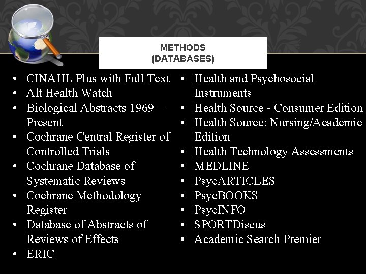 METHODS (DATABASES) • CINAHL Plus with Full Text • Alt Health Watch • Biological