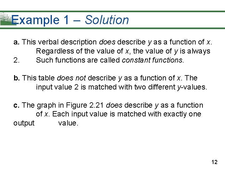 Example 1 – Solution a. This verbal description does describe y as a function