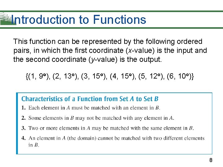 Introduction to Functions This function can be represented by the following ordered pairs, in