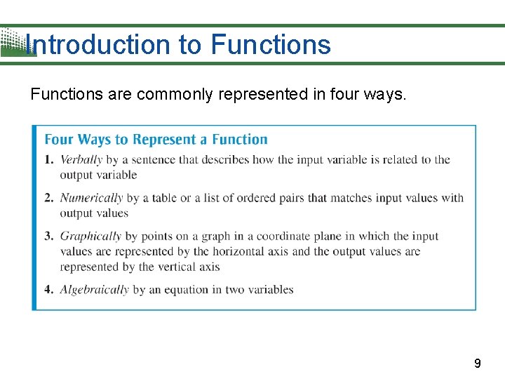 Introduction to Functions are commonly represented in four ways. 9 