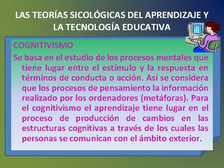 LAS TEORÍAS SICOLÓGICAS DEL APRENDIZAJE Y LA TECNOLOGÍA EDUCATIVA COGNITIVISMO Se basa en el LAS TEORÍAS SICOLÓGICAS DEL APRENDIZAJE Y LA TECNOLOGÍA EDUCATIVA COGNITIVISMO Se basa en el