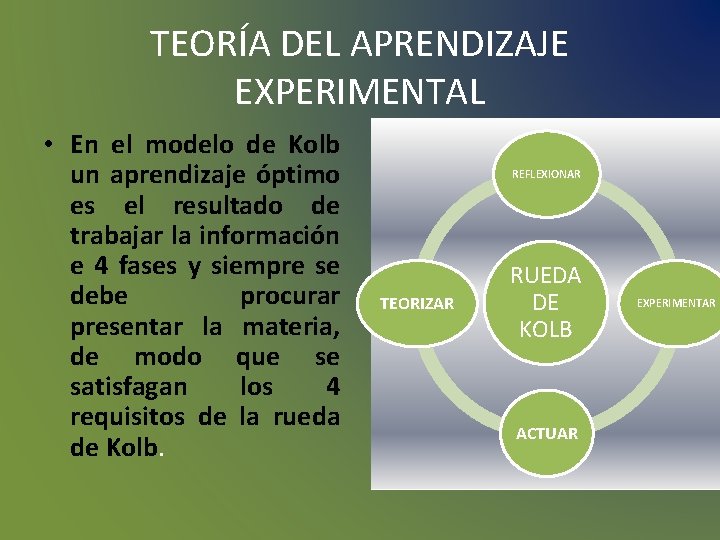 TEORÍA DEL APRENDIZAJE EXPERIMENTAL • En el modelo de Kolb un aprendizaje óptimo es TEORÍA DEL APRENDIZAJE EXPERIMENTAL • En el modelo de Kolb un aprendizaje óptimo es