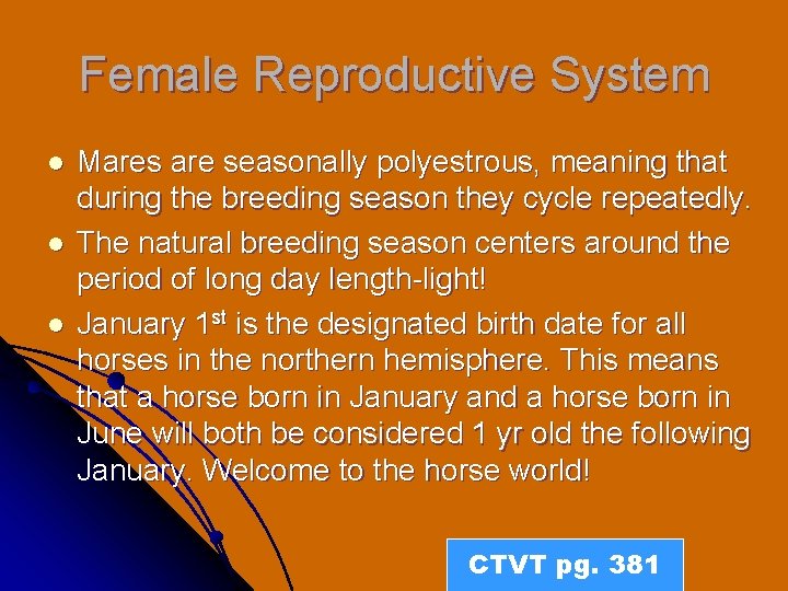 Female Reproductive System l l l Mares are seasonally polyestrous, meaning that during the